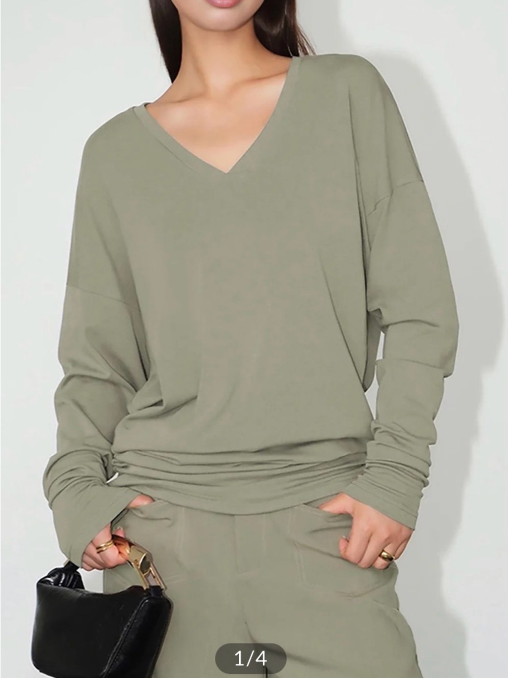COMMENSE Minimalist V-Neck Draped Relaxed Top in Taupe (NOT green), Size L, NWT